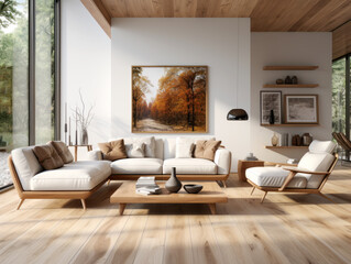 Scenic forest view from a modern living room with autumnal tones. Generative AI