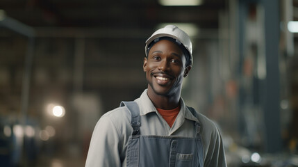 Confident worker with a friendly smile in hard hat and overalls in an industrial setting