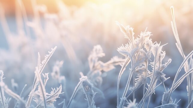 Close-up, hazy background image of hoarfrost outside