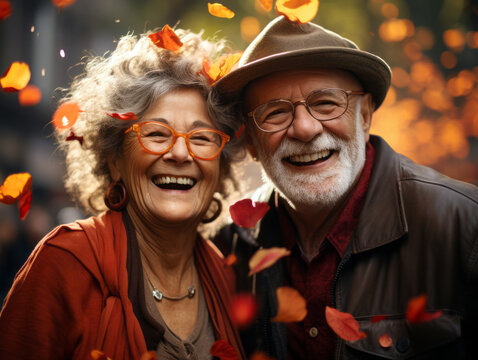 Joyful senior couple with autumn leaves falling around them. Generative AI