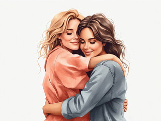 best girlfriends hugging, illustration. Generative Ai