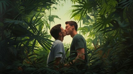 Fototapeta premium Gay love, non-traditional values and freedom of speech. Two young attractive guys kiss in rainforest among green palm trees. The honeymoon. Generative AI.