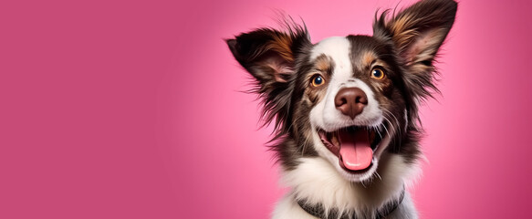 cute dog portrait over pink background, panoramic layout. Generative Ai