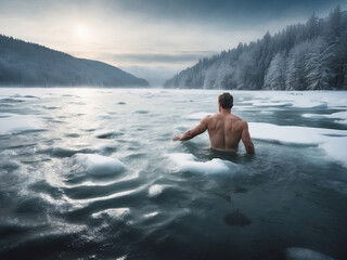 Winter swimming, man in frozen lake. Generative Ai - Powered by Adobe