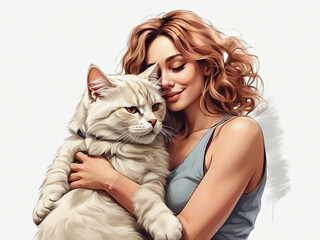 happy girl holding a cat, illustration. Generative Ai