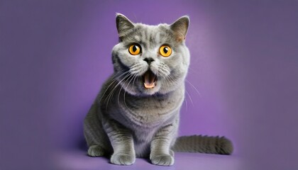 Full length portrait of a gray cat, looking surprised