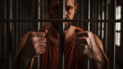 Inmate grips jail bars tightly, a look of contemplation on his face