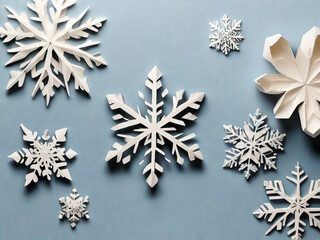 Snow flakes concept, flat lay, copy space. Created using generative AI tools