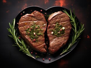 Two delicious beef steaks cut into a heart shape with rosemary in plate on a dark table background