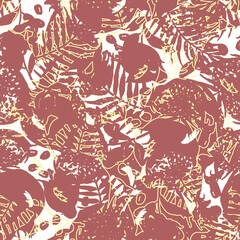 Watercolor, vintage seamless pattern - fruit ripe pomegranate. Vintage drawing of fruits, stones, tropical flowers, plants and leaves. Fashionable pattern of red color. Art background. Tropical leaves