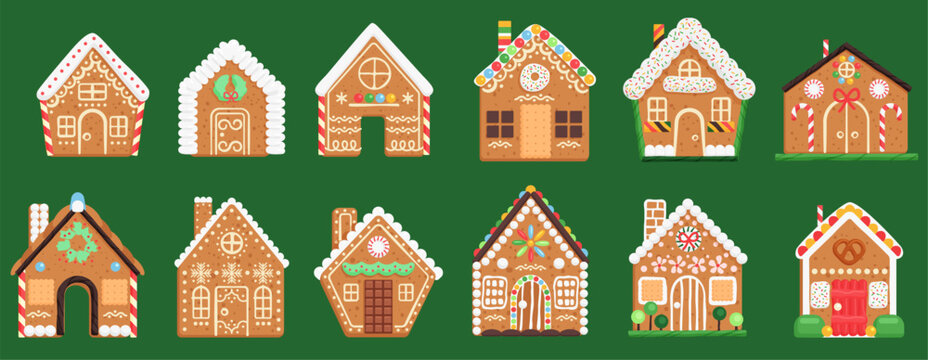 Cartoon isolated cute baked town buildings collection with candy and sugar icing snowflakes pattern, chocolate decorations on windows and doors of houses. Gingerbread houses set vector illustration.