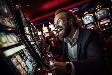 Excited people playing slot machine gambling cheerful smile hand pressing bet button in casino club entertainment celebrating winner the jackpot in casino hotel background.