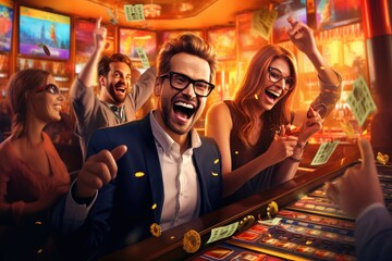Excited people playing slot machine gambling cheerful smile hand pressing bet button in casino club entertainment celebrating winner the jackpot in casino hotel background. - obrazy, fototapety, plakaty