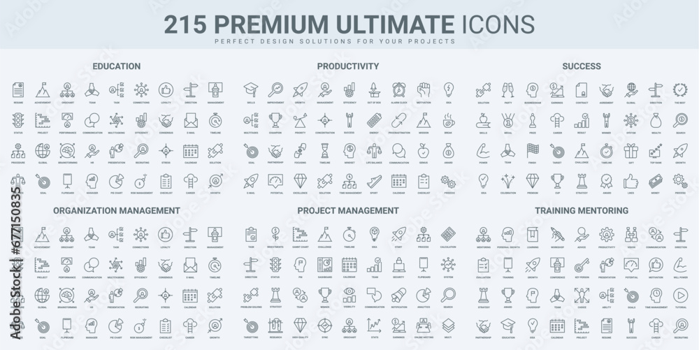 Poster project and time management, training and productivity thin black line icons set vector illustration