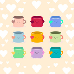 Collection of different cute cups in flat style. Set of colored mugs  with elements of hearts
