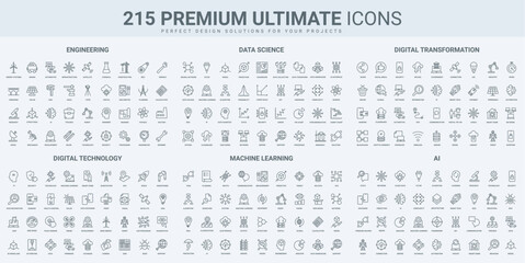 AI and smart technology, science research and machine learning thin black line icons set vector illustration. Outline symbols of data analysis automation and protection, robot and neural network
