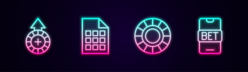 Set line Casino chips, Lottery ticket, and Online sports betting. Glowing neon icon. Vector