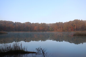 Early morning scenery of Bentennuma pond and autumn leaves in Goshikinuma, Urabandai, Fukushima, Japan