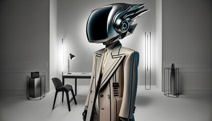 A high-fashion male model with a television for a head, Tv head