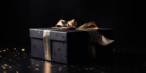 Black gift box with gold ribbon. Elegant present box with golden bow on a black background, copy space. Background for greeting card for Birthday, Christmas, New Year, XMas, Anniversary