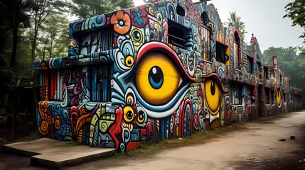 Foto op Plexiglas Photo de graffiti sur des façades de maison et de bâtiments en milieu urbain © Michel