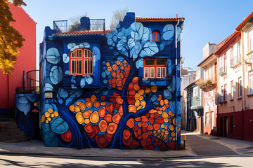Photo de graffiti sur des façades de maison et de bâtiments en milieu urbain