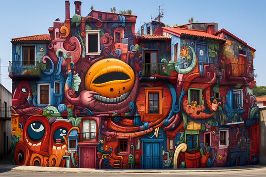 Photo de graffiti sur des façades de maison et de bâtiments en milieu urbain