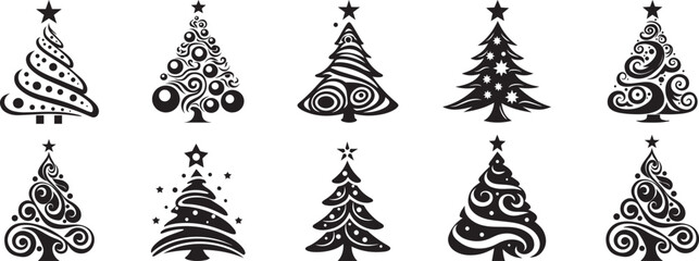 Collection of Christmas trees. black & white vector illustration in flat cartoon style. Can be used for printed materials - leaflets, posters, business cards or for web.