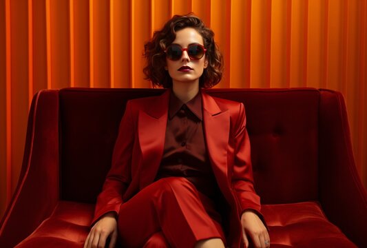 woman with sunglasses sitting on red sofa, light maroon and dark amber, rationalist chic, deconstructed tailoring