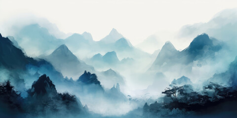 Mountain scenery, Watercolor. Chinese or Japanese Blue Mountains. Landscape of foggy mountains in the early morning - obrazy, fototapety, plakaty