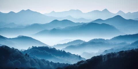 Foggy mountain landscape in the early morning. Mountains Watercolor in Blue toned