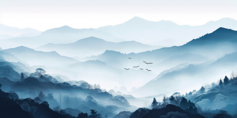 Mountains, Watercolor background. Landscape of foggy mountains and flock of birds in the early morning