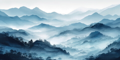 Mountains Landscape, Watercolor. Panoramic view of the mountains in the fog. Misty Mountain scenery