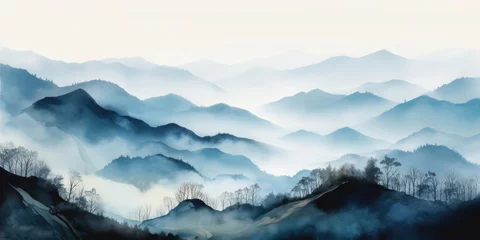 Foto op Plexiglas Panoramic view of the mountains in the fog. Misty Mountain scenery, Watercolor. Mountains Landscape © maxa0109