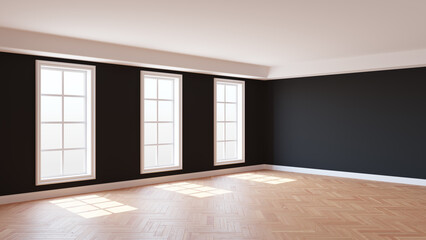 Sunny Interior with Black Walls, Three Large Windows, White Ceiling and Cornice, Glossy Herringbone Parquet Flooring and a White Plinth, 3D rendering. 8K Ultra HD, 7680x4320, 300 dpi