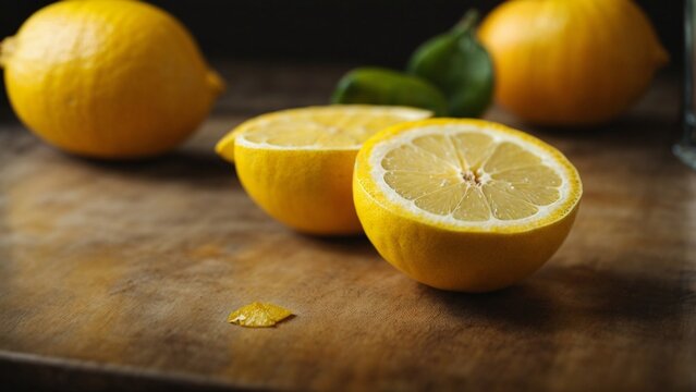 Close up high resolution image of fresh lemon slices on the table. Generative AI.