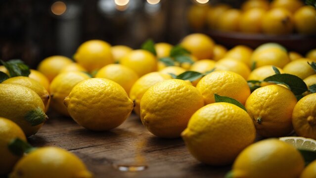 Close up high resolution image of fresh and natural lemon fruits. Generative AI.