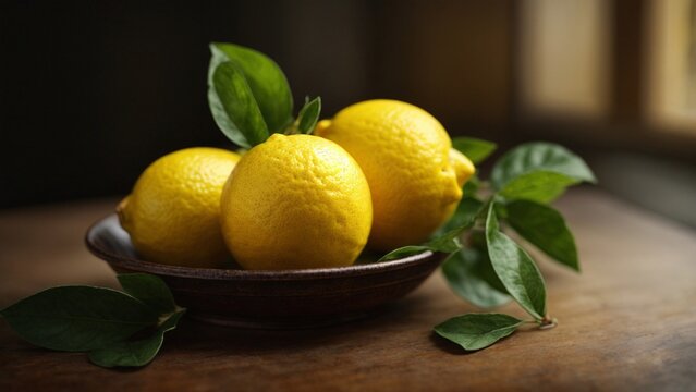 Close up high resolution image of fresh and juicy lemon fruit on the table. Generative AI.