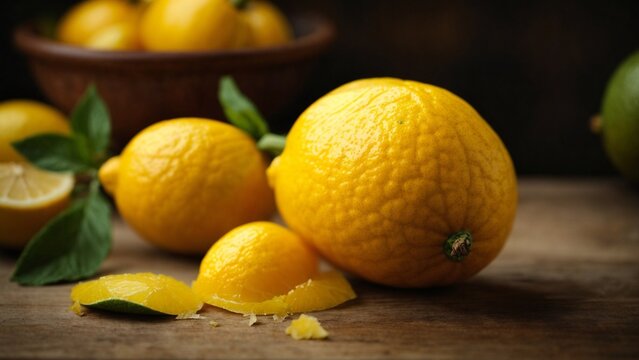 Close up high resolution image of fresh lemon and lemon peels on the table. Generative AI.