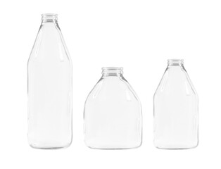 Kit. transparent glass bottles of different shapes and sizes. on an empty background. PNG