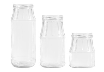 Kit. transparent glass jars of different shapes and sizes. on an empty background. PNG