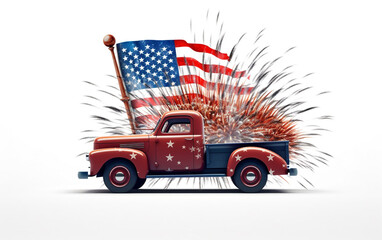Vintage truck with fireworks, American flags, and text space on a white background for Independence Day.