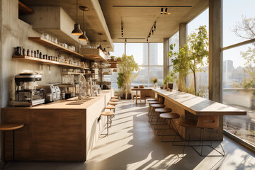 Coffee shop interior with wooden tables and chairs. 3d rendering