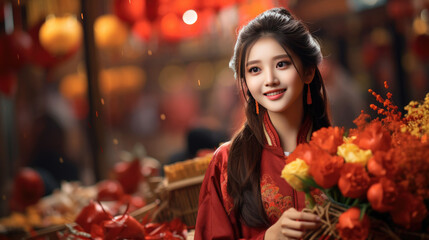 Vogue Chinese girl wears a red traditional clothing in Chinese lunar New Year supermarket background