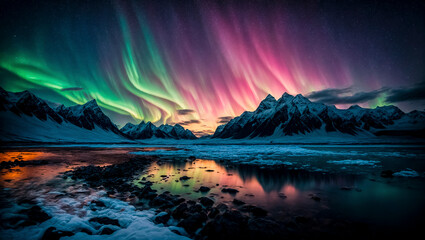 Fantastically beautiful northern lights in the sky above the rocks. aurora borealis