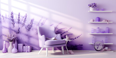 Lavender Background, purple sofa in a purple room with pillows on the sofa.Harmonious Lavender: Creating a Tranquil Space with a Purple Sofa and Lavender Background