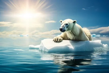Fotobehang Global warming or climate change concepts with north pole ice melting.ozone environment and polar bear animal life.greenhouse effect.save the world for future living © Limitless Visions
