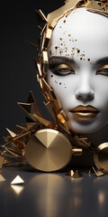 Frauen Puppen Gesicht in wei&szlig; Gold als Statue mit edlen Schmuckdesign als Kunstwerk in Hochformat als Banner, ai generativ