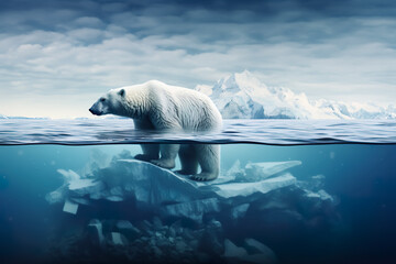 Global warming or climate change concepts with north pole ice melting.ozone environment and polar bear animal life.greenhouse effect.save the world for future living - obrazy, fototapety, plakaty