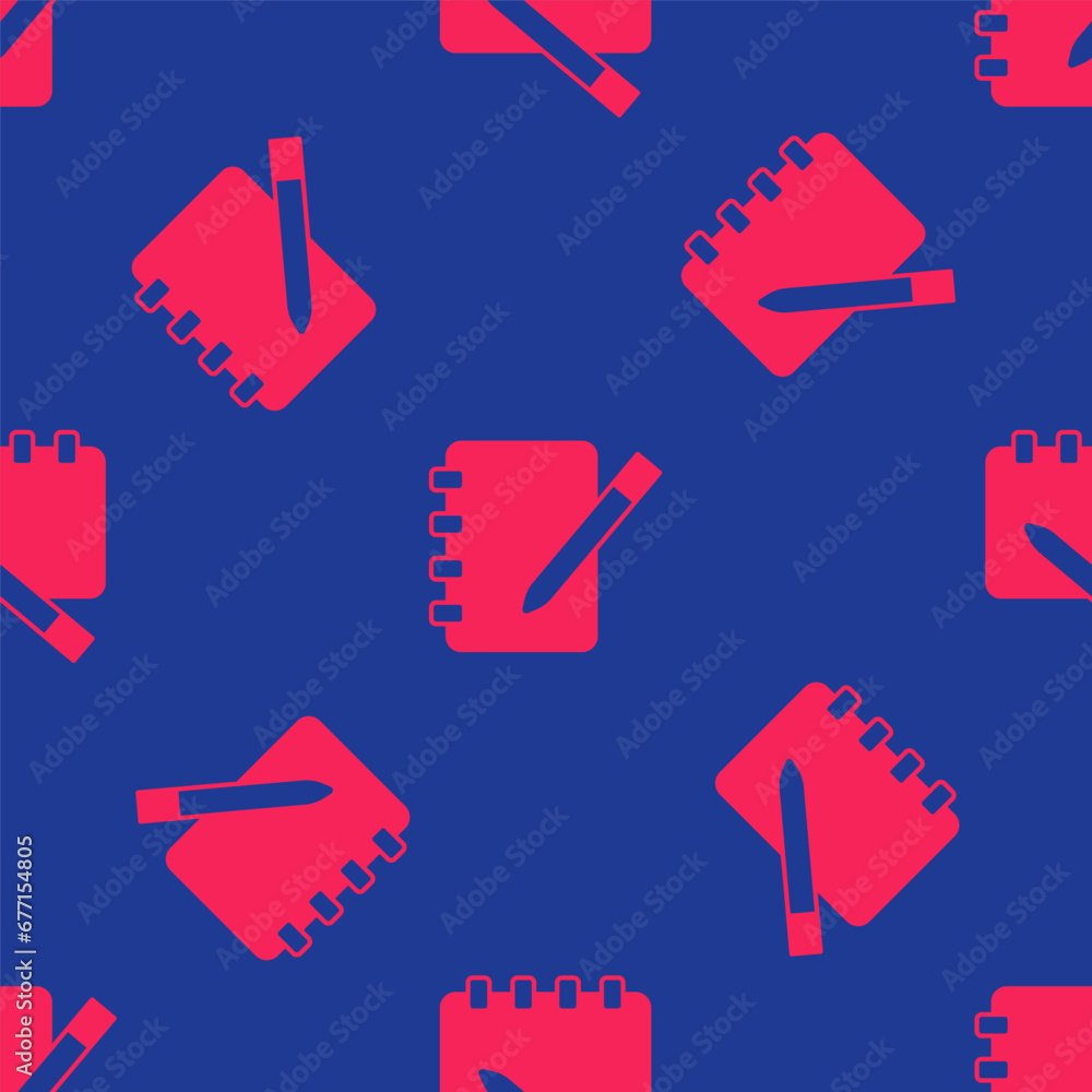 Poster red notebook icon isolated seamless pattern on blue background. spiral notepad icon. school notebook